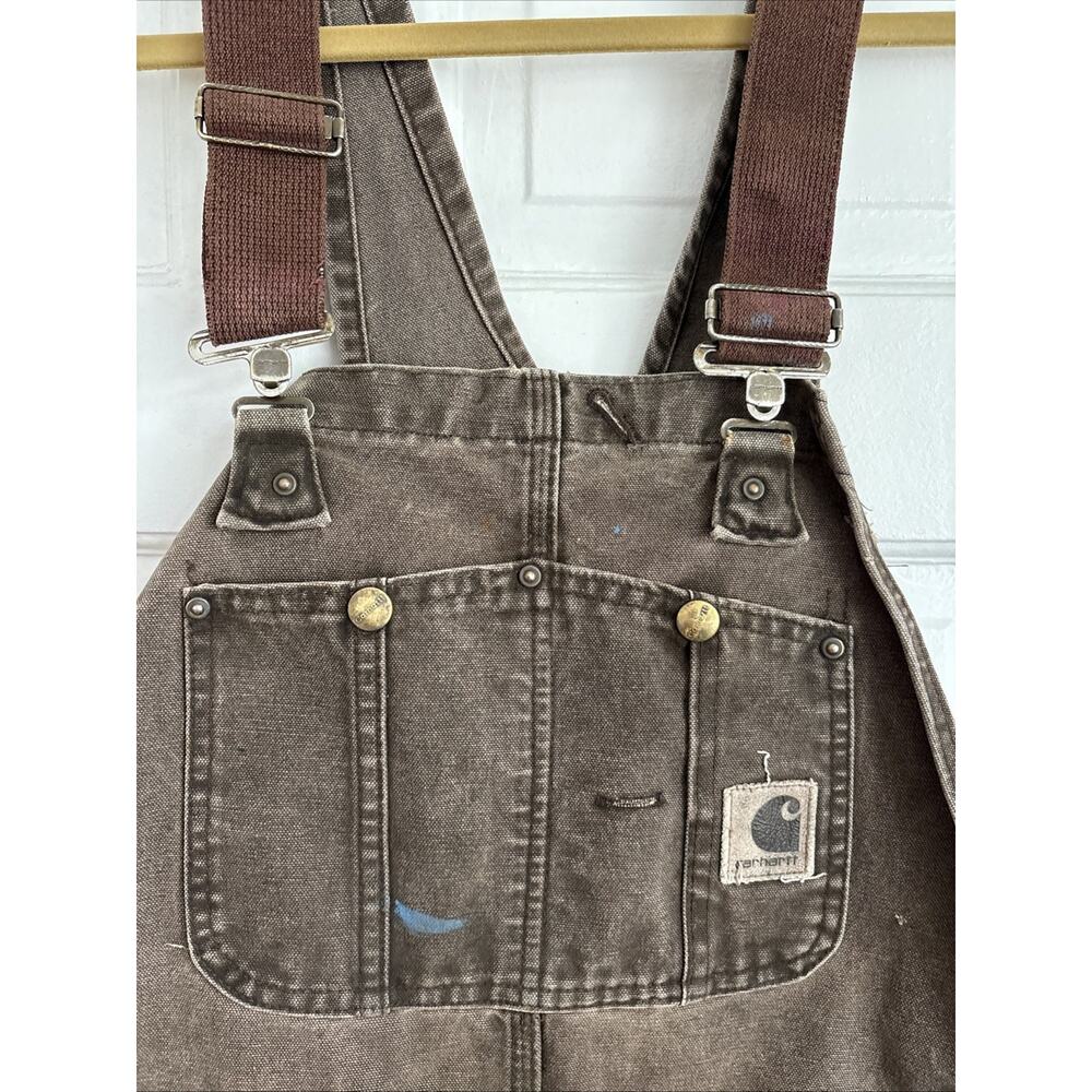 VTG Carhartt Thrashed Bibs Workwear Double Knee Duck Canvas Quilt Lined Y2K - Picture 3 of 16